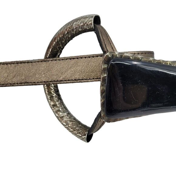 Vintage 80's Belt Leather Bronze Ornate Fold Hook Loop Black Buckle Gothic M 34" - Picture 2 of 10